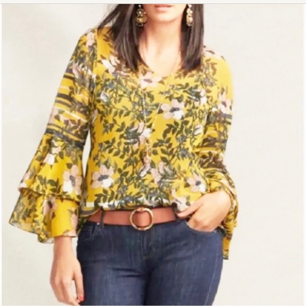 Cabi 5518 EUC Spring Scene Blouse Mustard Floral Bell Sleeve Medium